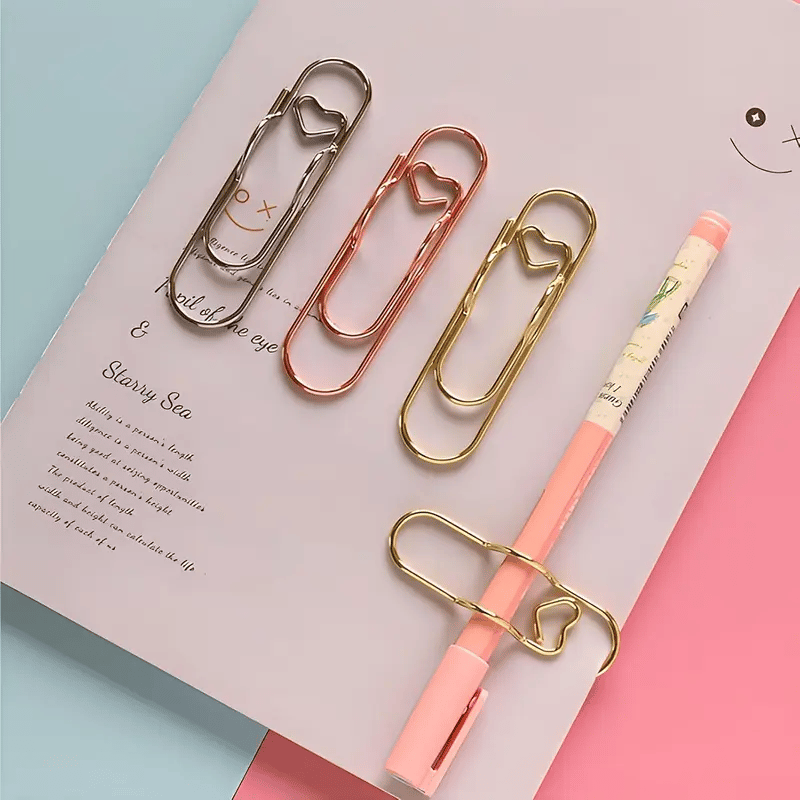 6Pcs 3 Colors Heart Pen Clip Metal Pencil Clips Multifunctional Rose Gold Silver Carbon Steel Paperclip